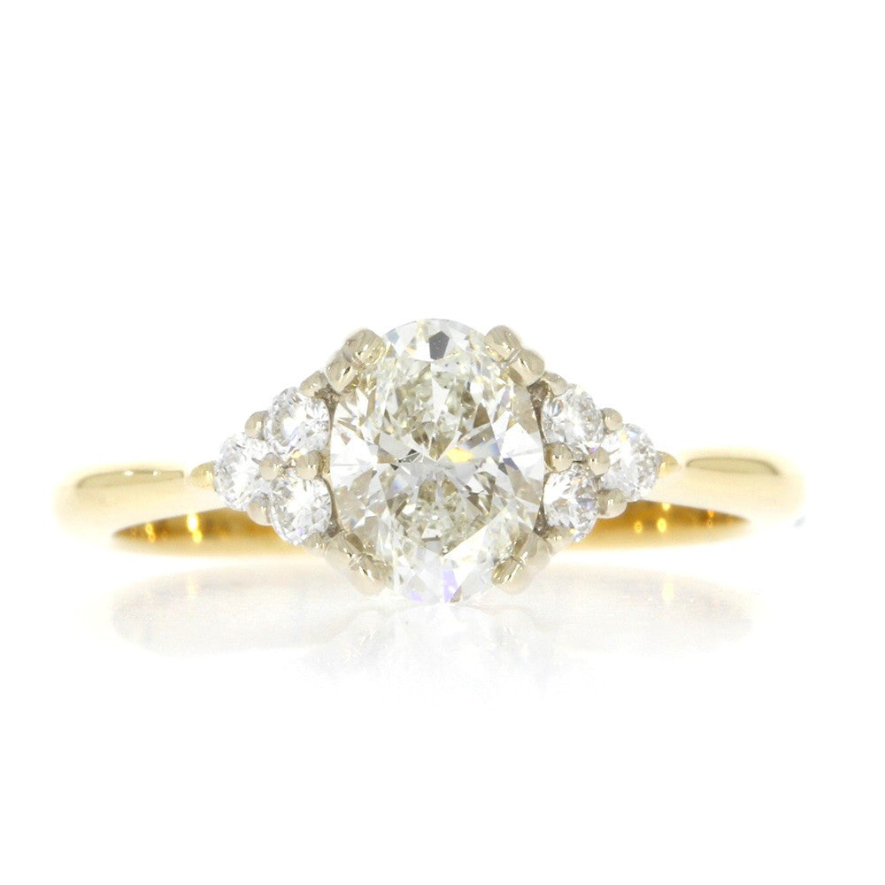 18K Two-Tone Diamond Engagement Ring with, 0.90ct Oval Natural Diamond Center, and Prong Set Diamond Accents