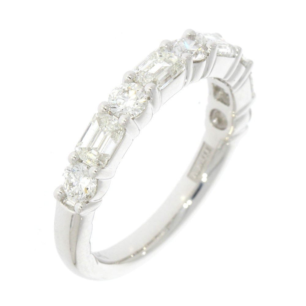 14K White Gold and Alternating Prong Set Round and Emerald Cut Diamond Wedding Band, with 14K White Gold Quilted Accent on Band Interior