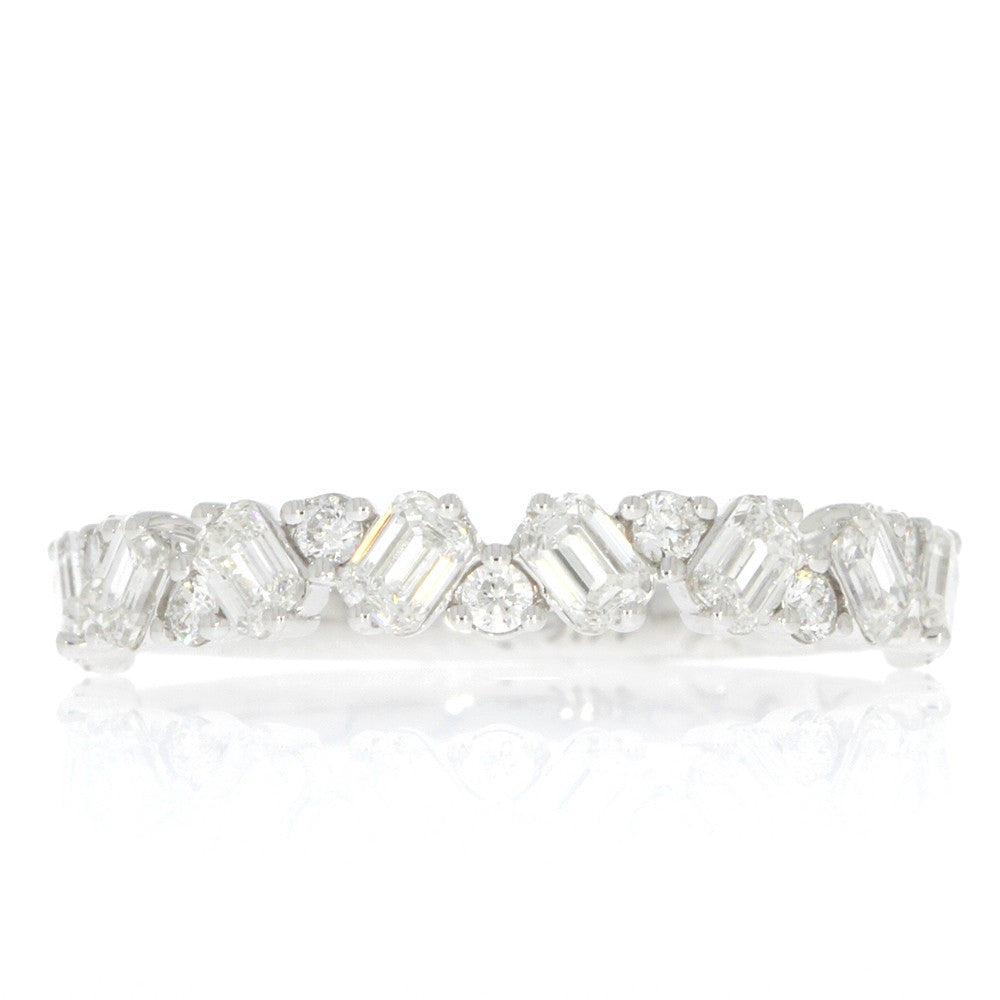 14K White Gold and Alternating Round and Emerald Cut Diamond Wedding Band