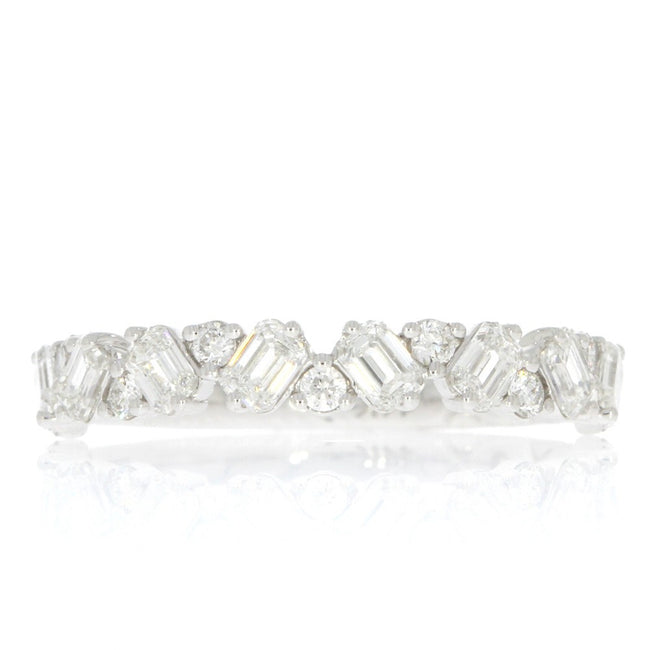 14K White Gold and Alternating Round and Emerald Cut Diamond Wedding Band