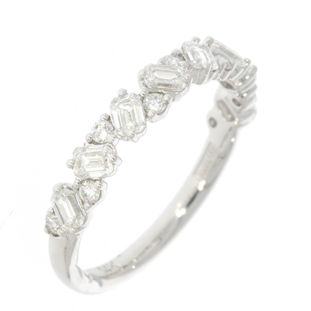 14K White Gold and Alternating Round and Emerald Cut Diamond Wedding Band