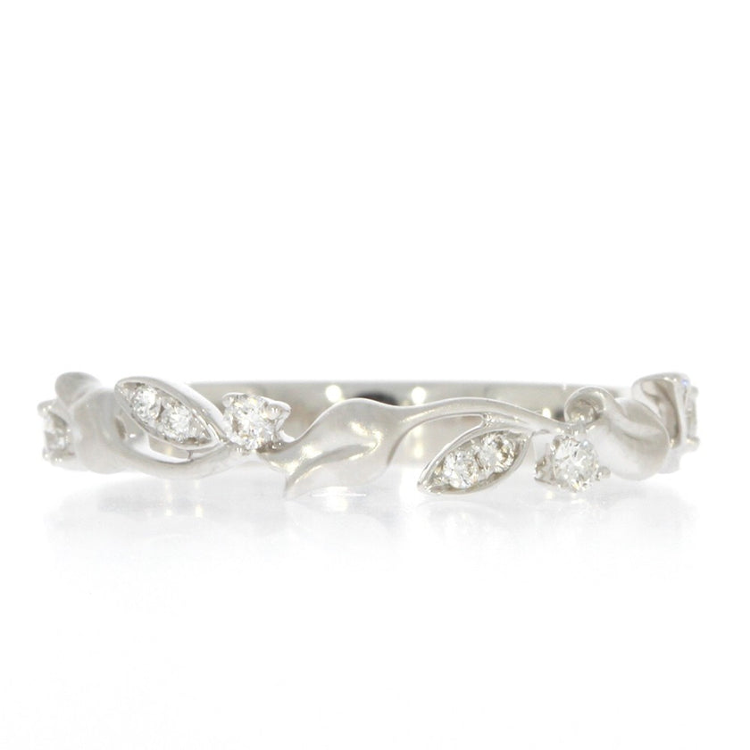 14K White Gold and Diamond Floral Wedding Band, with Prong Set Round Diamond Accents, and Stain Finished Top