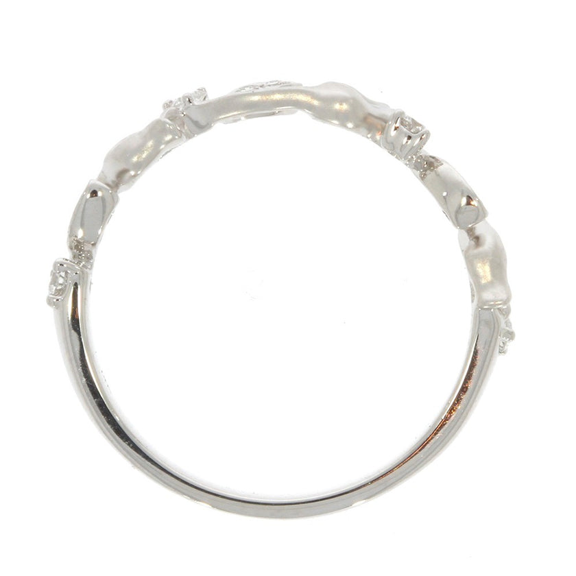 14K White Gold and Diamond Floral Wedding Band, with Prong Set Round Diamond Accents, and Stain Finished Top