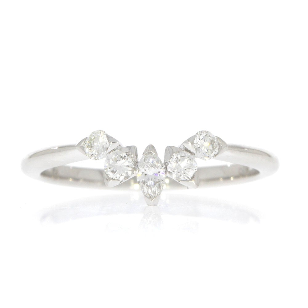14K White Gold and Prong Set Diamond Contoured Wedding Band