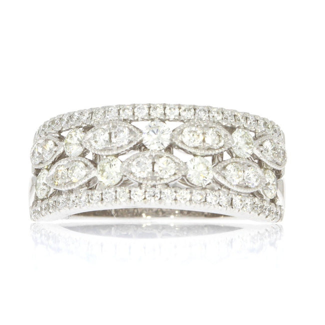 18K White Gold Four Row Diamond Ring, with Milgrain Accented Borders
