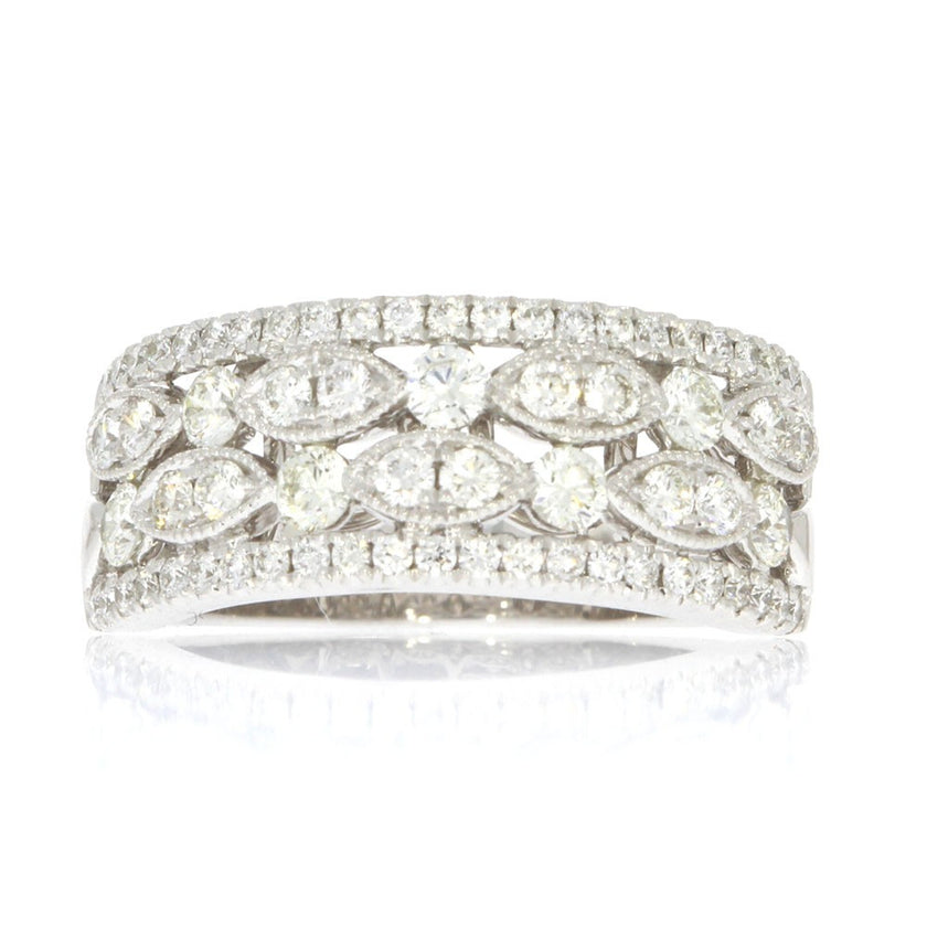 18K White Gold Four Row Diamond Ring, with Milgrain Accented Borders