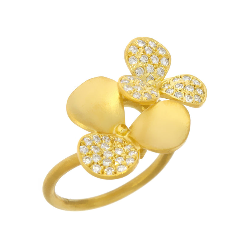 14K Yellow Gold and Diamond Bead Set Flower Ring