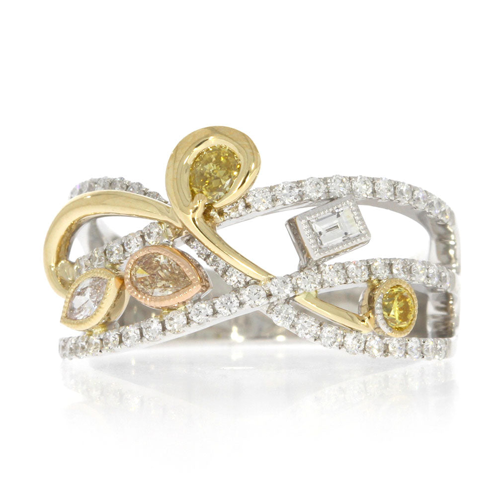 14K Two-Tone White and Fancy Color Diamond Criss Cross Band Style Ring