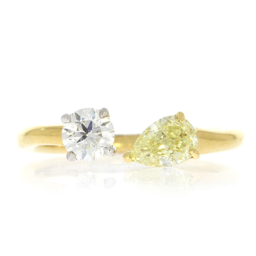 18K Yellow Gold Fancy Yellow Pear Shape Diamond and Round White Diamond Toi Et Moi Ring