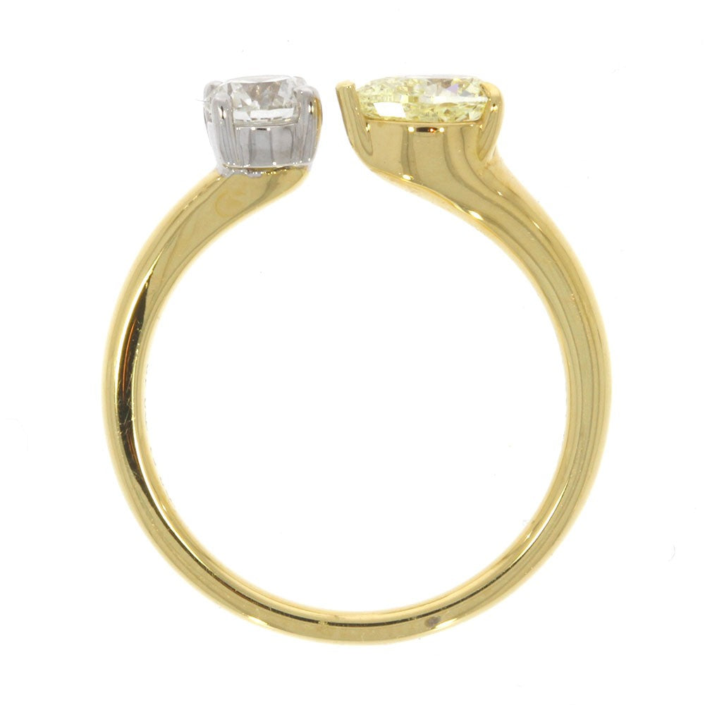 18K Yellow Gold Fancy Yellow Pear Shape Diamond and Round White Diamond Toi Et Moi Ring