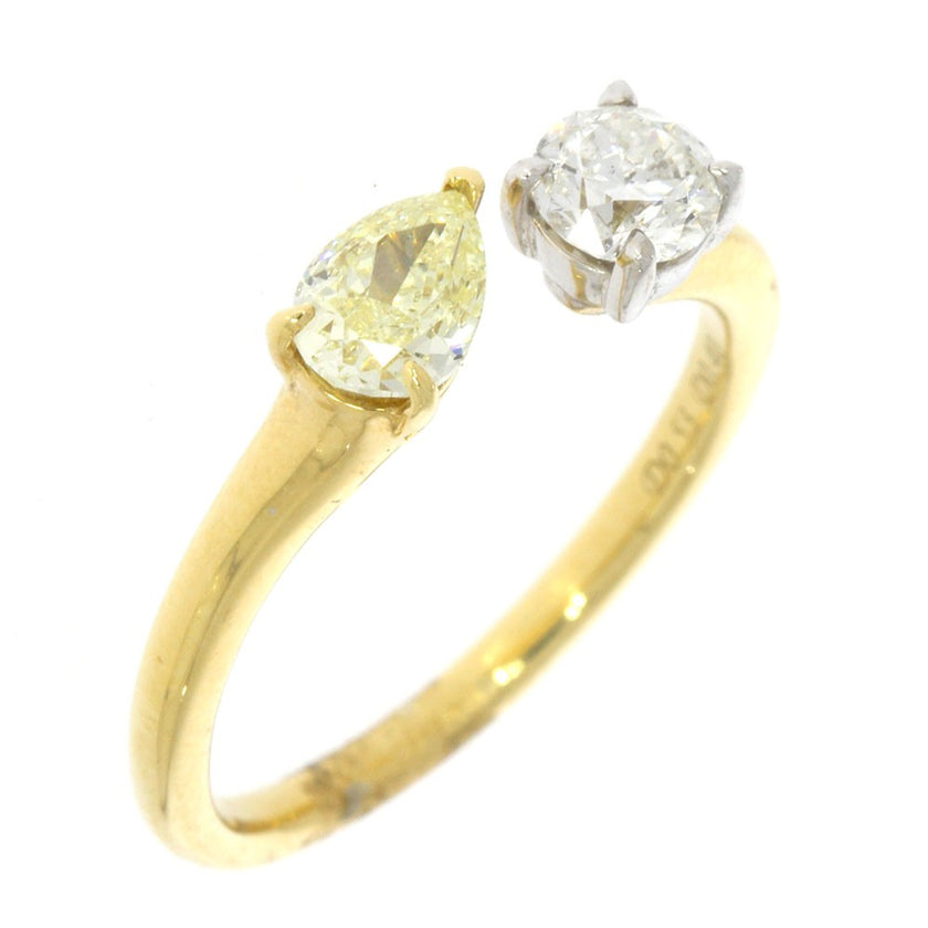 18K Yellow Gold Fancy Yellow Pear Shape Diamond and Round White Diamond Toi Et Moi Ring