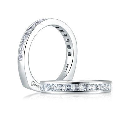 18K White Gold Ladies Wedding Band With Channel Set Princess Cut Diamonds and a Euro Square Shank