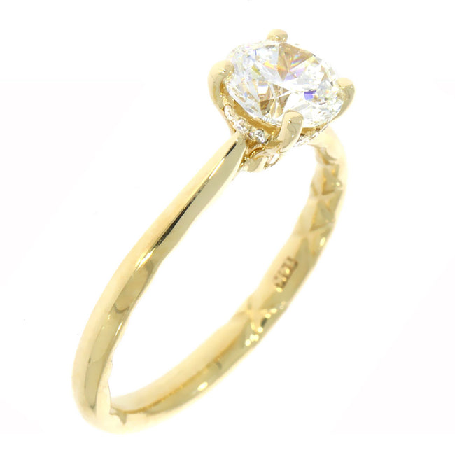 14K Yellow Gold Solitaire Engagement Ring With A Diamond Accented Under-gallery Halo and Quilted Interior