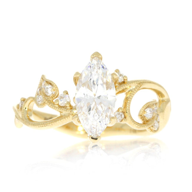 14K Yellow Gold and Diamond Scroll Work Band Engagement Ring