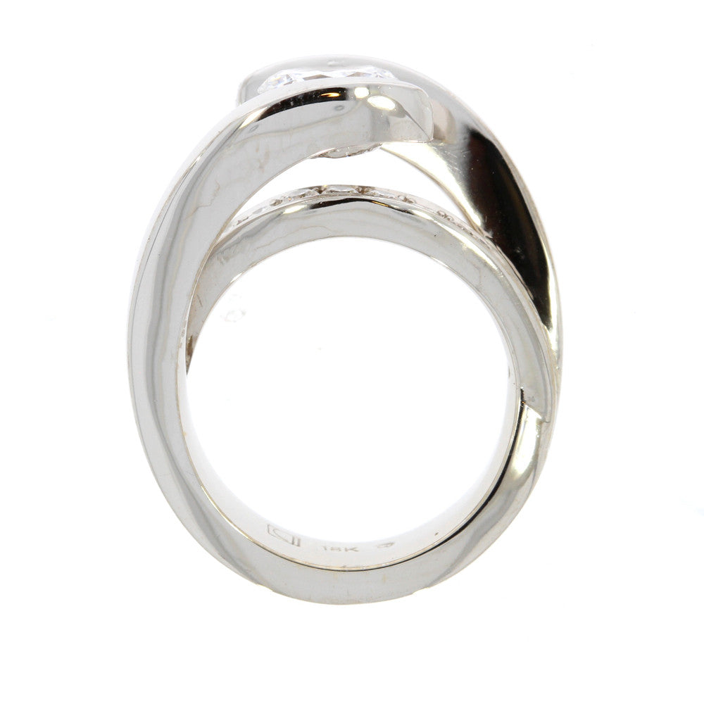 18k White Gold and Diamond Ring With Round Cut Diamond Accents Below Tall Bypass