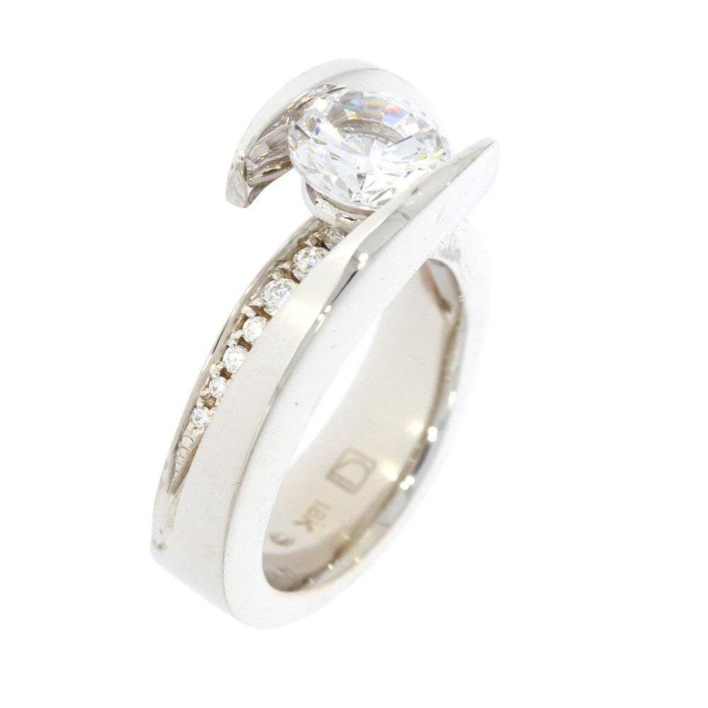 18k White Gold and Diamond Ring With Round Cut Diamond Accents Below Tall Bypass