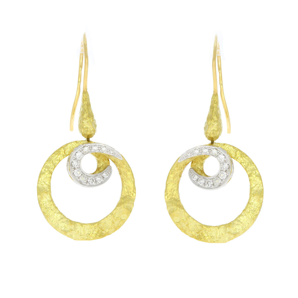 18K Yellow and White Gold Hammered Finish Spiral Earrings with Diamond Accents