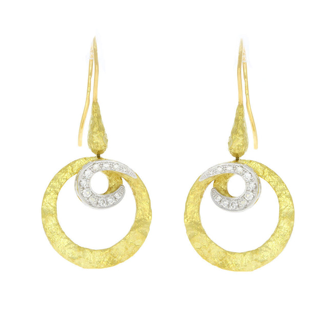 18K Yellow and White Gold Hammered Finish Spiral Earrings with Diamond Accents