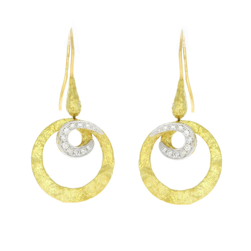 18K Yellow and White Gold Hammered Finish Spiral Earrings with Diamond Accents