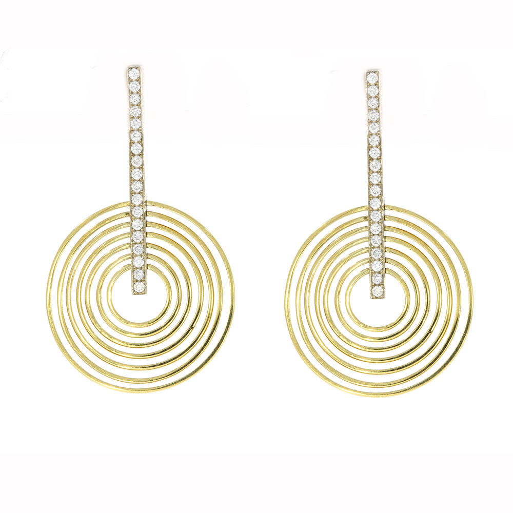 18K White and Yellow Gold Diamond Stick and Concentric Circle Dangle Earrings