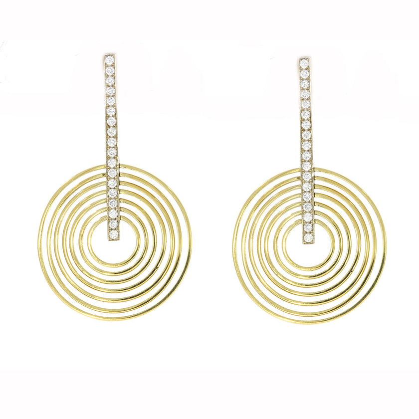 18K White and Yellow Gold Diamond Stick and Concentric Circle Dangle Earrings