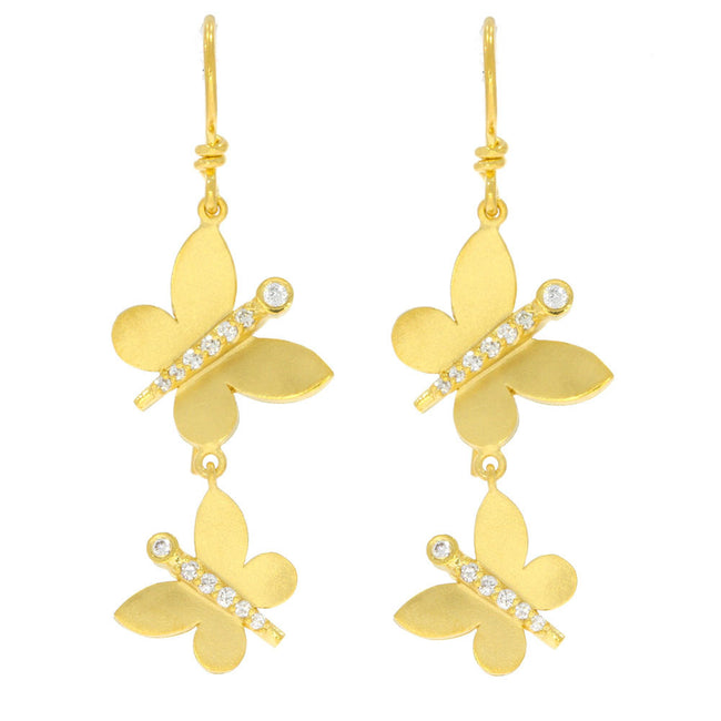 14K Yellow Gold and Diamond Butterfly Dangle Earrings