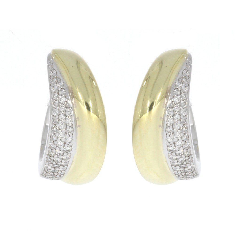 14K Yellow and White Gold and Pave' Set Diamond Curved Huggie Style Earrings