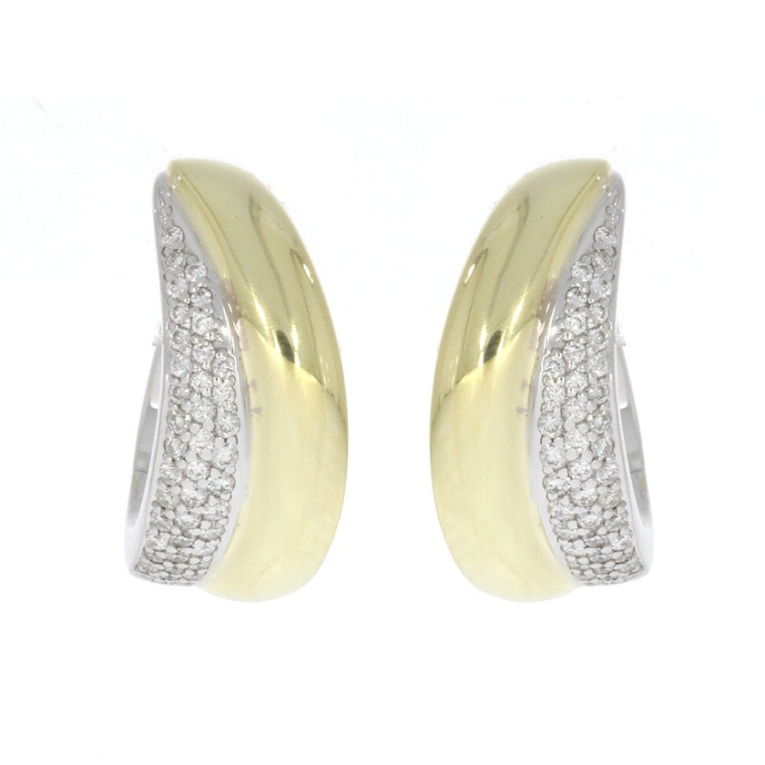 14K Yellow and White Gold and Pave' Set Diamond Curved Huggie Style Earrings