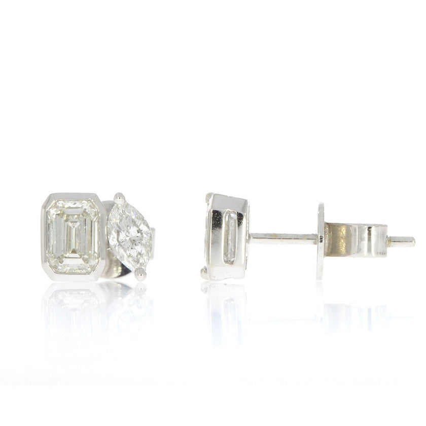 14K White Gold Toi Et Moi Style Stud Earrings