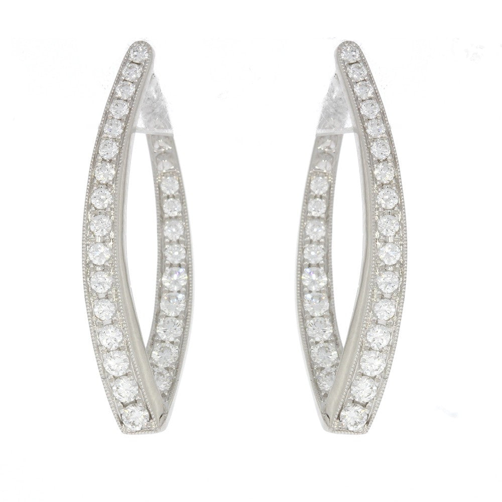 18K White Gold and Prong Set Diamond V Shape In and Out Hoop Earrings, with Milgrain Border Detail