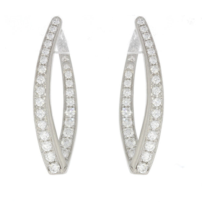 18K White Gold and Prong Set Diamond V Shape In and Out Hoop Earrings, with Milgrain Border Detail