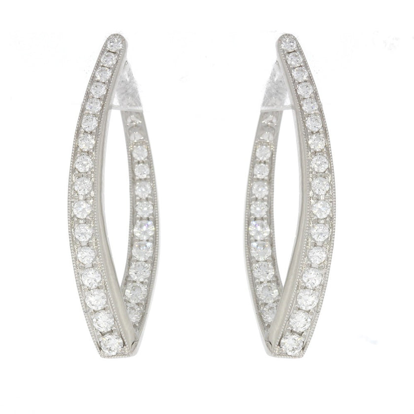 18K White Gold and Prong Set Diamond V Shape In and Out Hoop Earrings, with Milgrain Border Detail