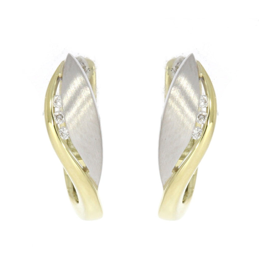 14K White and Yellow Gold and Channel Set Diamond Huggie Style Earrings