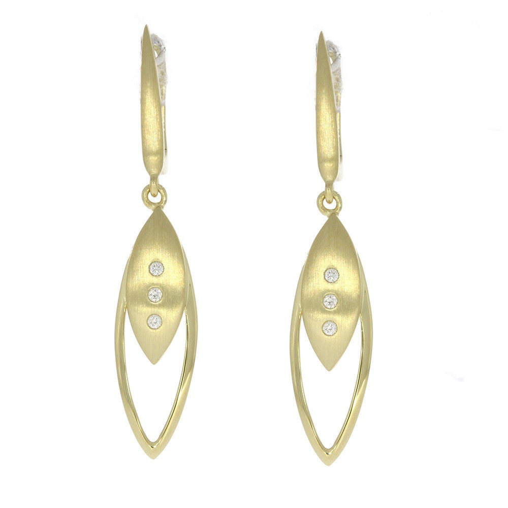 14K Yellow Gold and Overlapped Marquise Outline Dangle Earrings with Satin Finish and Flush Set Diamond Accents