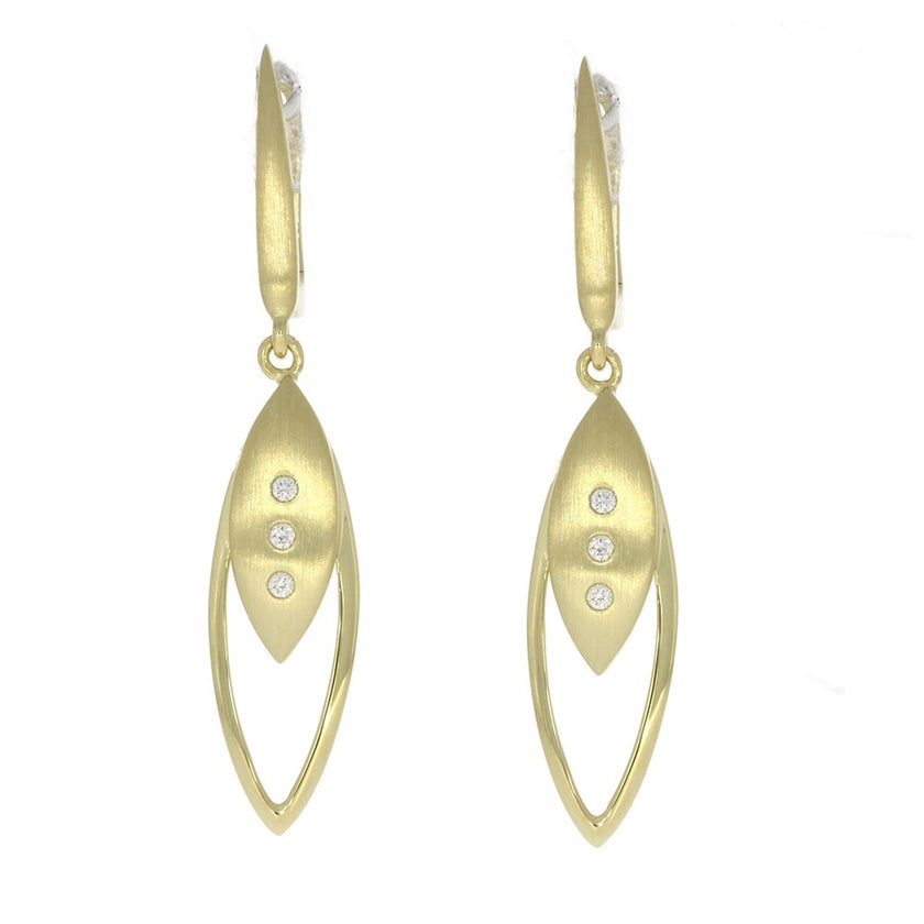 14K Yellow Gold and Overlapped Marquise Outline Dangle Earrings with Satin Finish and Flush Set Diamond Accents