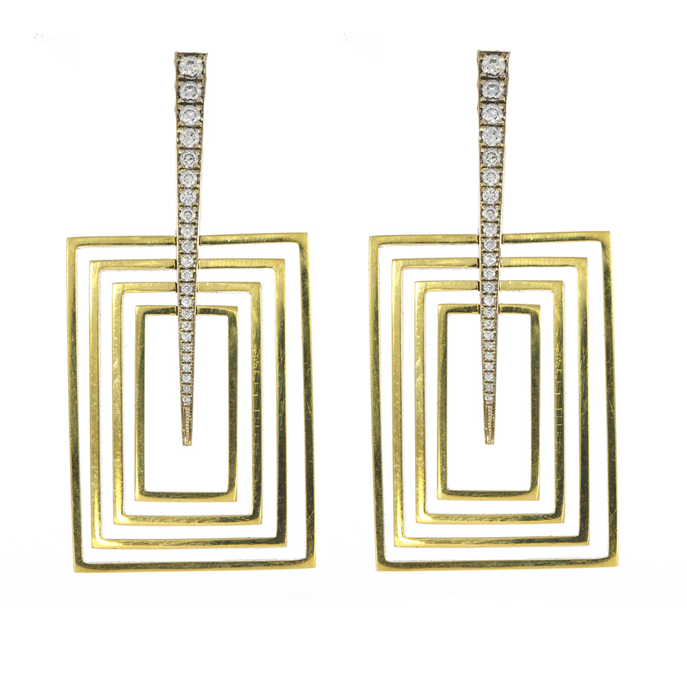 18K White and Yellow Gold and Diamond Concentric Rectangle Earrings