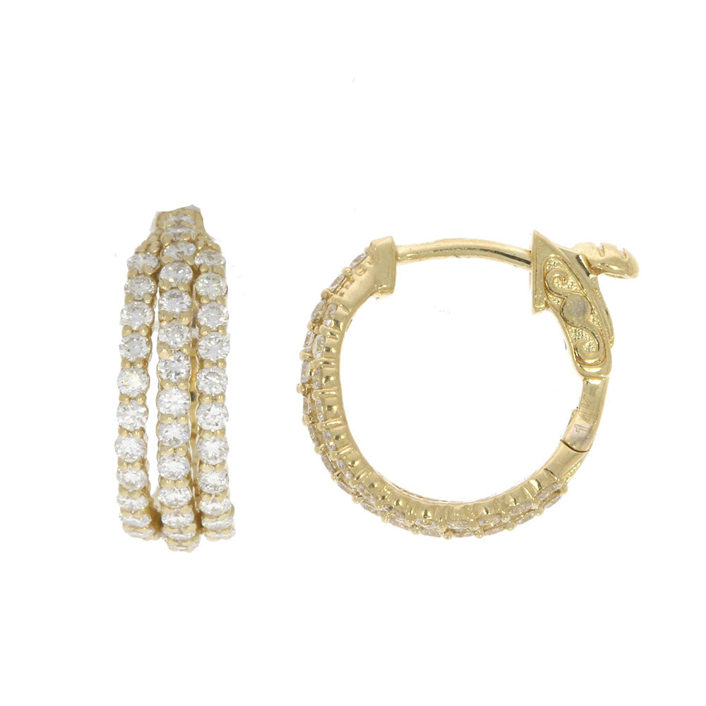 14K Yellow Gold 3 Row Pong Set Diamond Hoop Earrings