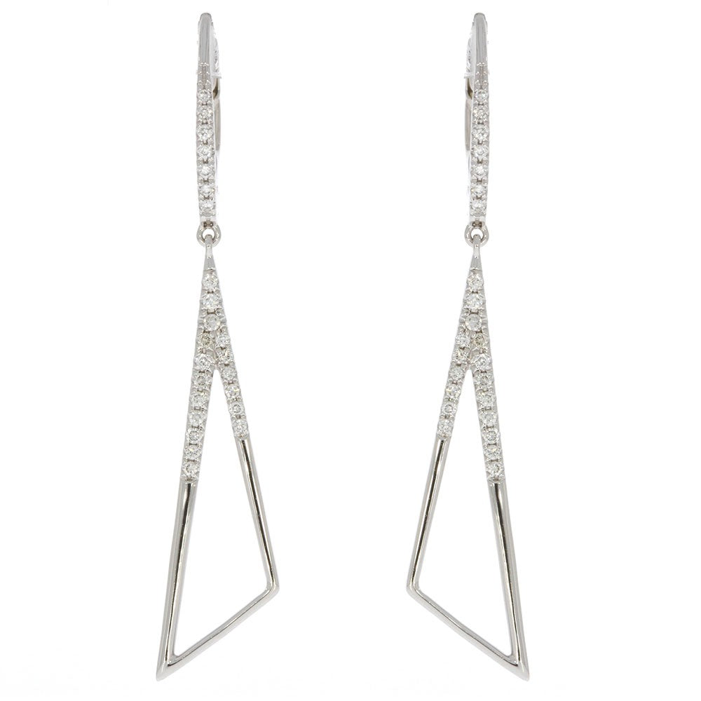14K White Gold and Prong Set Diamond Triangle Dangle Earrings