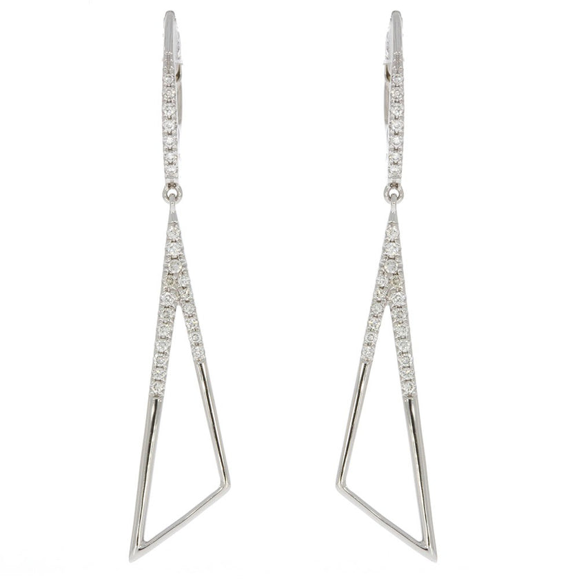 14K White Gold and Prong Set Diamond Triangle Dangle Earrings