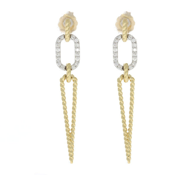 14K Two Tone Dangle Earrings, with Diamond Accented 14K White Gold Oval Link, and Inverted Teardrop 14K Yellow Gold Dangles