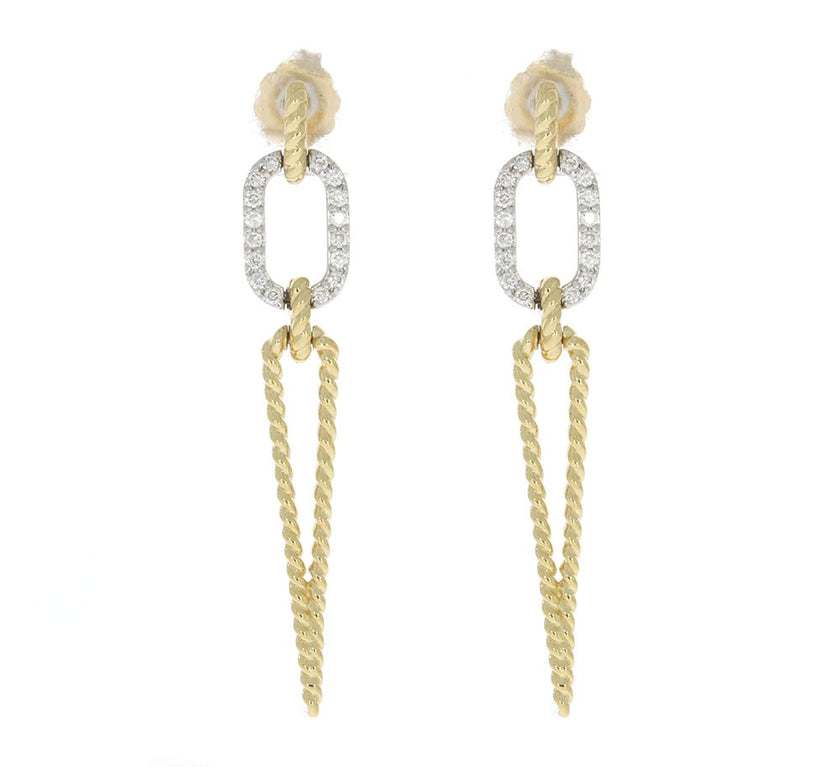 14K Two Tone Dangle Earrings, with Diamond Accented 14K White Gold Oval Link, and Inverted Teardrop 14K Yellow Gold Dangles