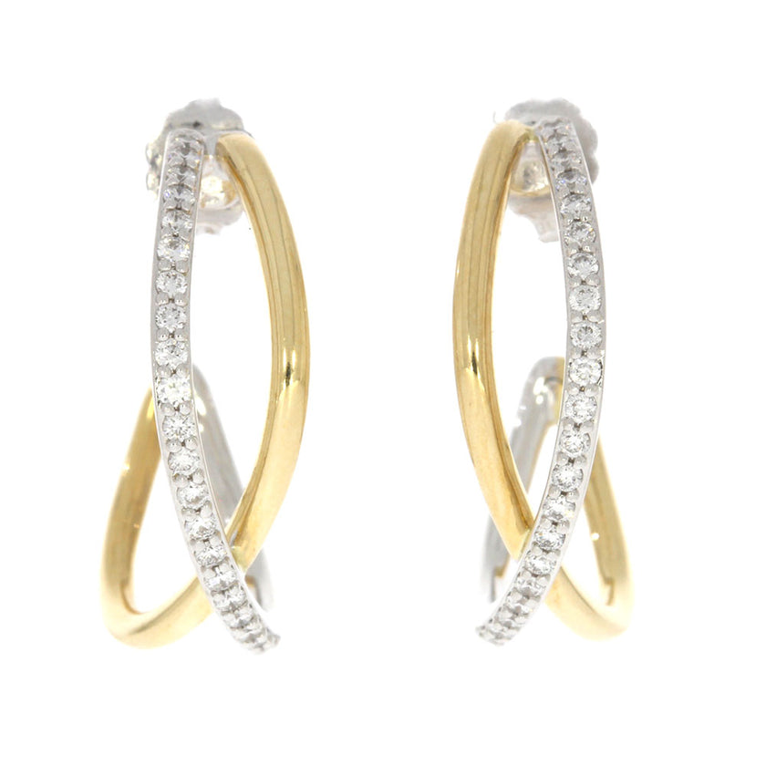 14K Two-Tone Prong Set Diamond Criss Cross J Curve Hoop Earrings