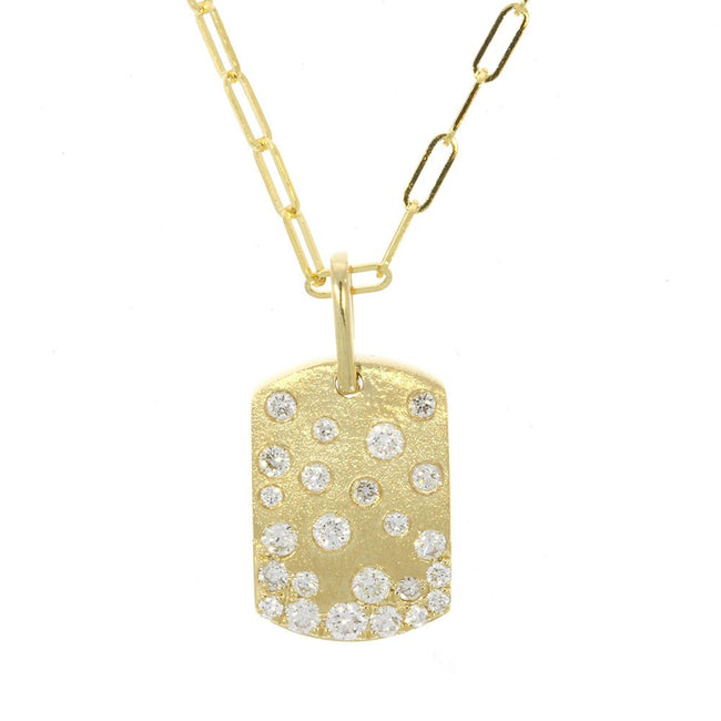 14K Yellow Gold and Flush Set Diamond, Rectangular Pendant, with Satin Finish, on a 14K Yellow Gold 18
