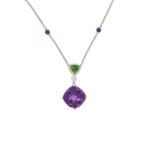 14K White Gold Amethyst, Tsavorite Garnet, and Diamond Pendant