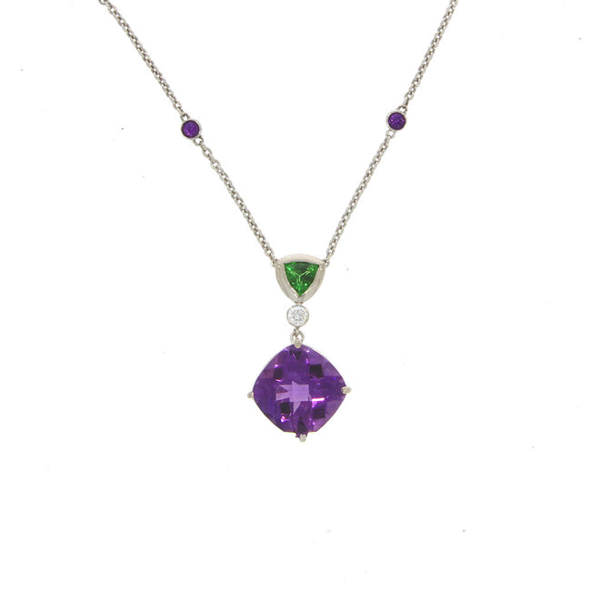 14K White Gold Amethyst, Tsavorite Garnet, and Diamond Pendant