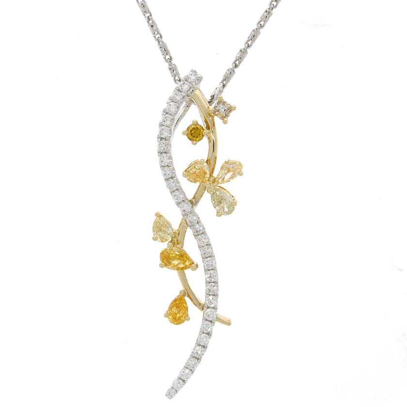 14K White and Yellow Gold, White and Fancy Color Diamond Criss Cross Pendant