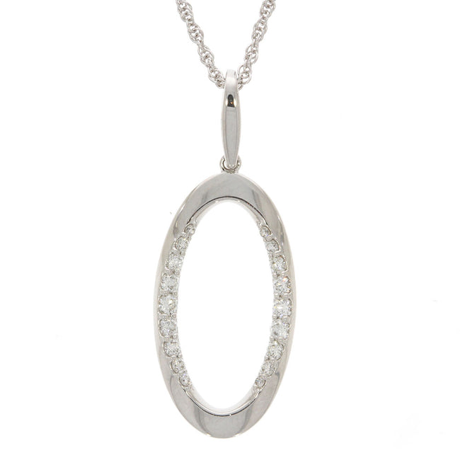 14K White Gold and Prong Set Diamond Open Oval Pendant