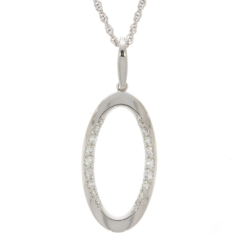 14K White Gold and Prong Set Diamond Open Oval Pendant