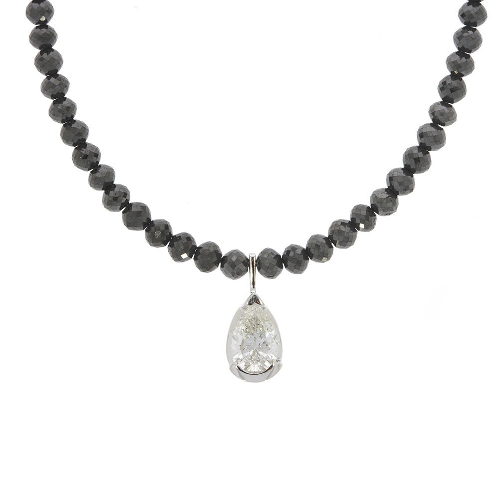 14K White Gold And Teardrop Diamond And Black Bead Diamond Necklace