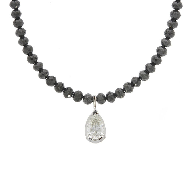 14K White Gold And Teardrop Diamond And Black Bead Diamond Necklace
